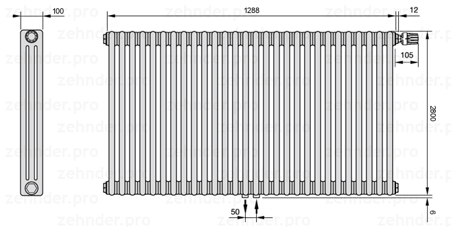 Схема (чертеж) Радиатор Zehnder Charleston 3280/28 №V008 Белый глянцевый RAL 9016